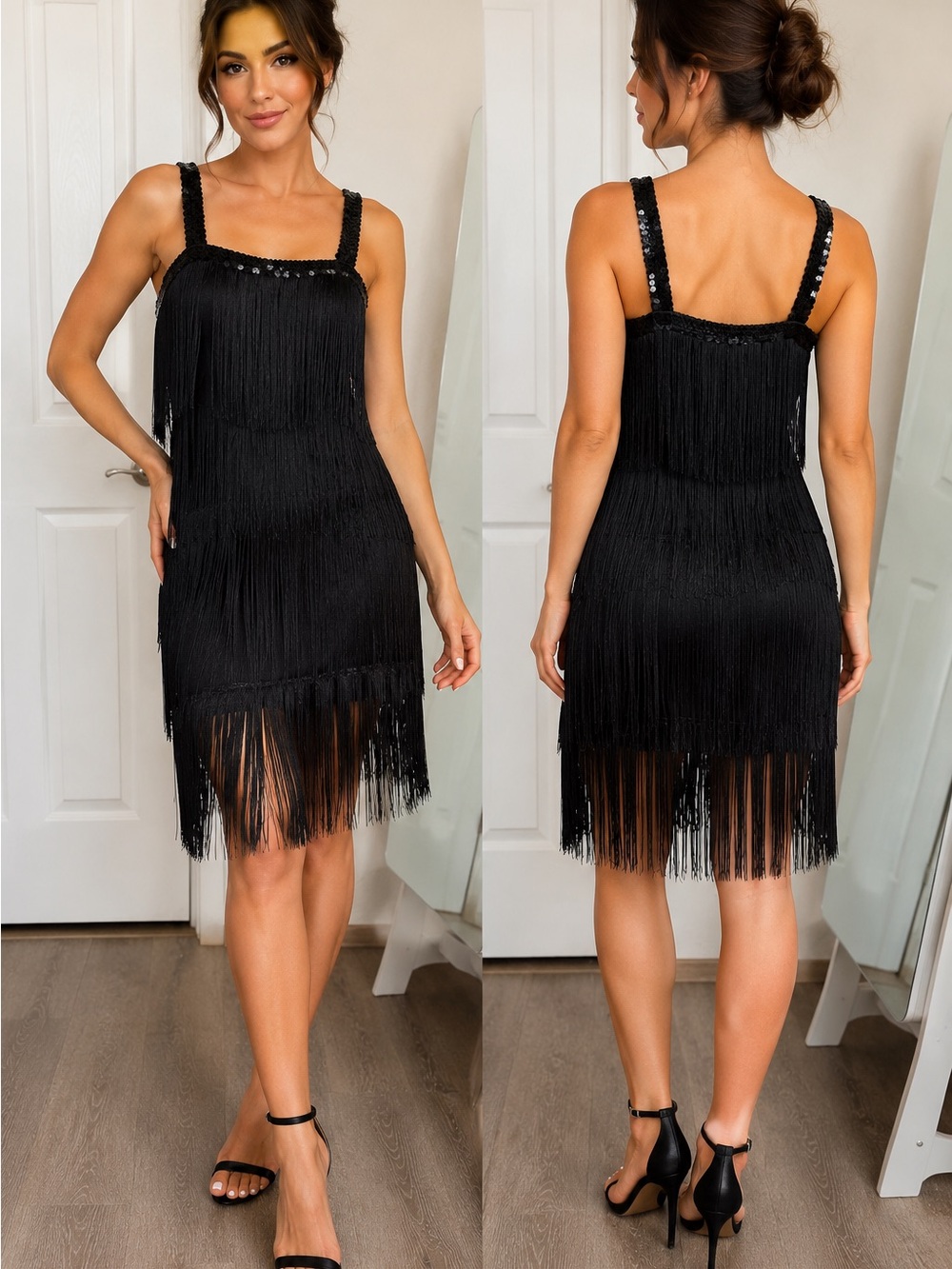 Black Sequin Fringe Flapper Dress Gatsby 1920s Costume Adult Medium